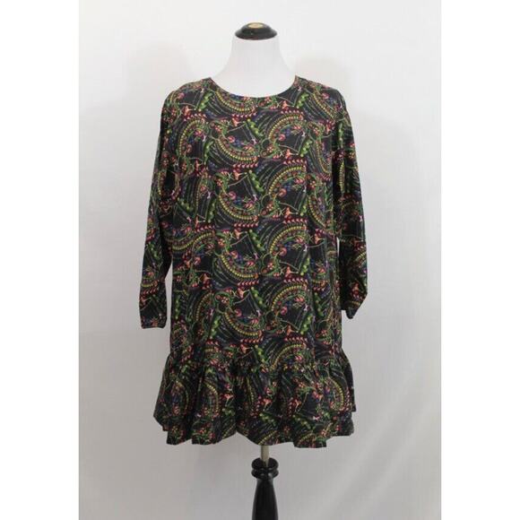 CYNTHIA ROWLEY Sz 0 XS Black Floral Ruffle Hem Swing Flounce Dress - Picture 9 of 13